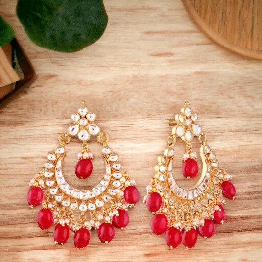 Gold-Toned Jadau Kundan Pearl Ruby Chaandbali - Trendisia