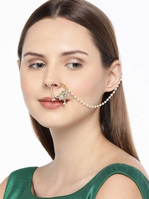 Gold-Toned Kundan Faux Ruby Nose Ring - Trendisia