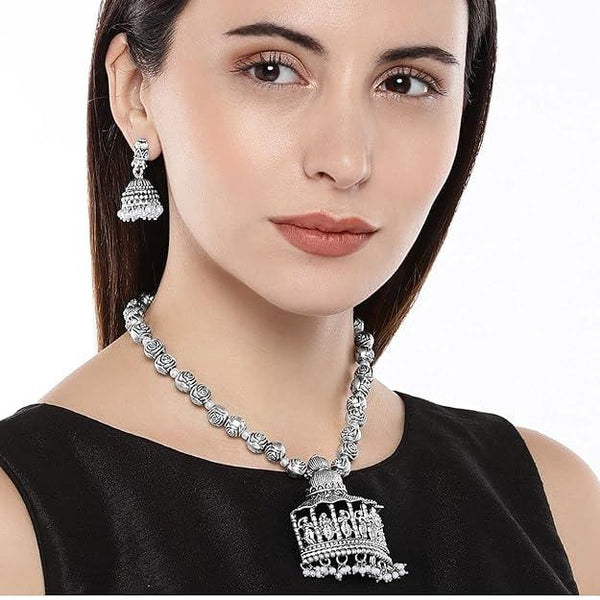 Silver-Toned Temple Design Long Jewellery Set - Trendisia