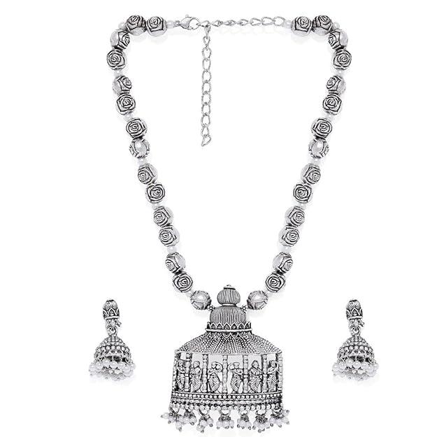 Silver-Toned Temple Design Long Jewellery Set - Trendisia