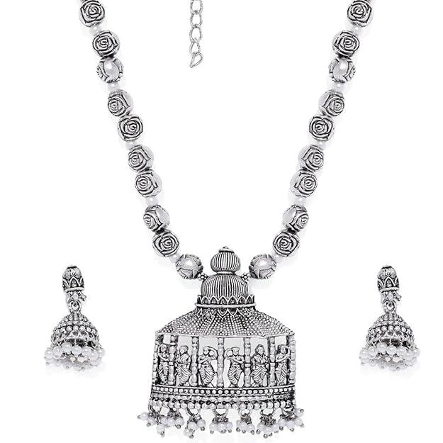 Silver-Toned Temple Design Long Jewellery Set - Trendisia