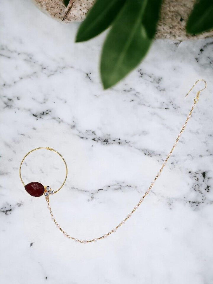 Gold-Toned Maroon Nose Ring With Chain - Trendisia