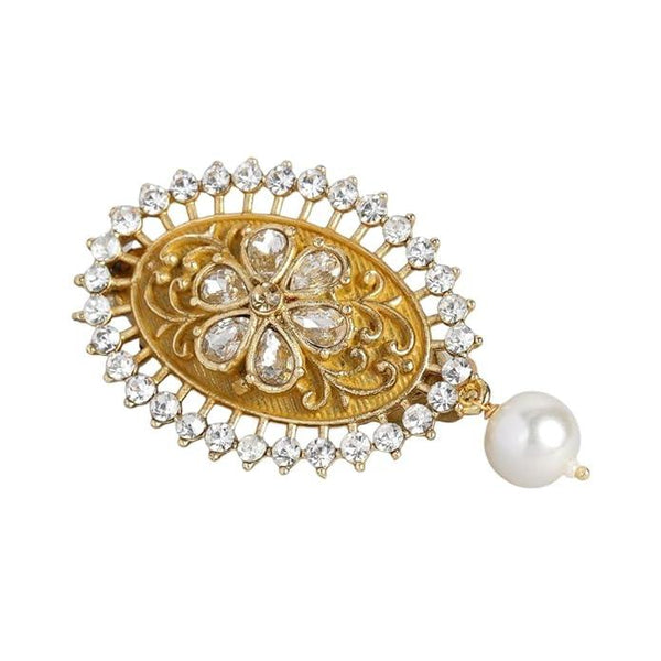 Gold-Toned Oval Shaped Handcrafted AD Studded Brooch - Trendisia