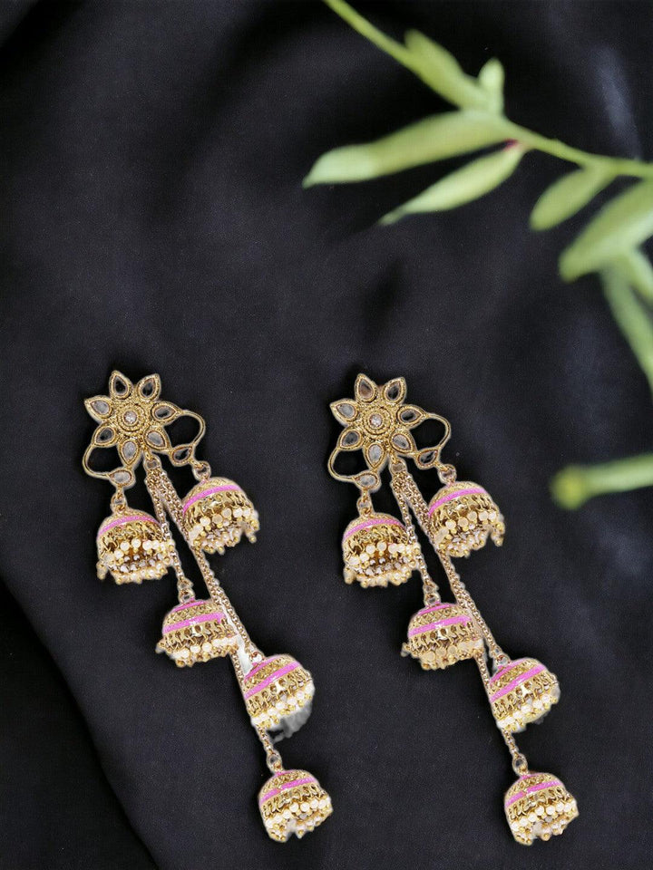 Gold-Toned Pink Enamelled Dome Shaped Jhumkas - Trendisia