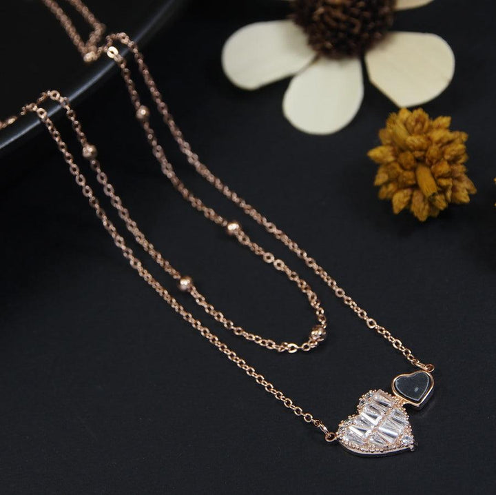 Gold/Rosegold Plated Multi Layered Cubic Zicron Baguette Filled Heart Shaped Pendent Necklace- NK 4273 - Trendisia