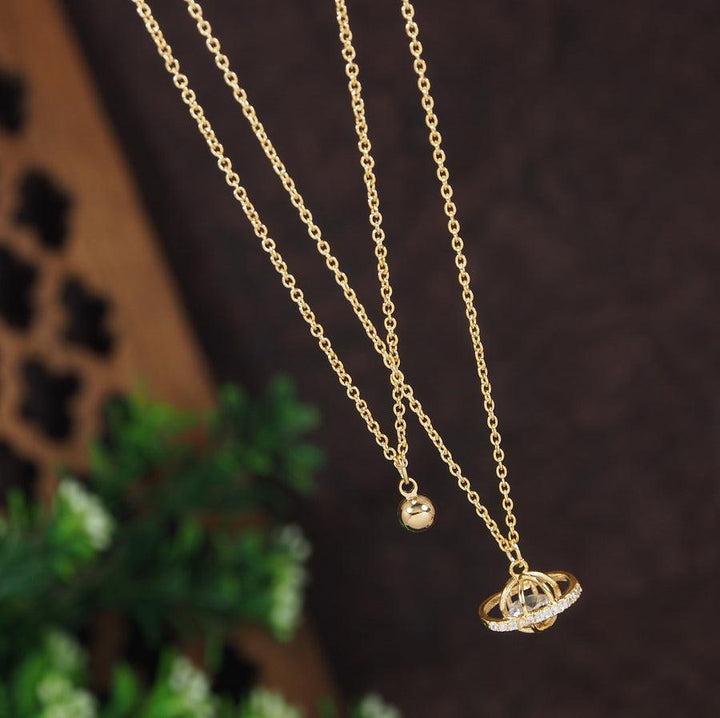 Gold/Rosegold Plated Multi Layered Cubic Zicron Saturn Shaped Pendent Necklace- NK 4272 - Trendisia