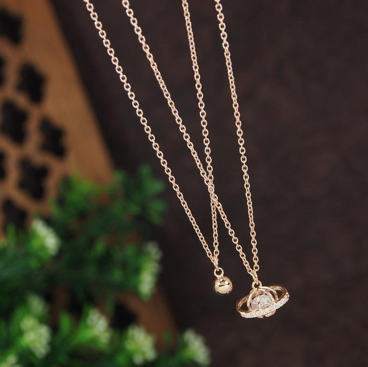 Gold/Rosegold Plated Multi Layered Cubic Zicron Saturn Shaped Pendent Necklace- NK 4272 - Trendisia