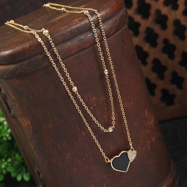 Gold/Rosegold Plated Multi Layered Heart Shape Black Disc Cubic Zirconia Necklace - NK 4284 - Trendisia