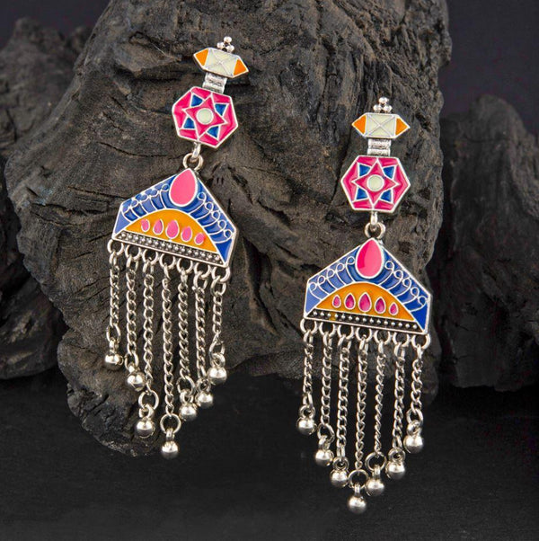 Gold/Silver Plated Geometric Shaped Enamel Artwork With Dangling Chain Fashion Antique Earring- AER 2188 - Trendisia