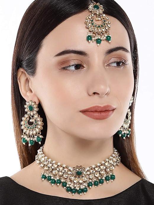 Green Gold-Plated Kundan, Pearl Emarald Embellished Jewellery Set - Trendisia