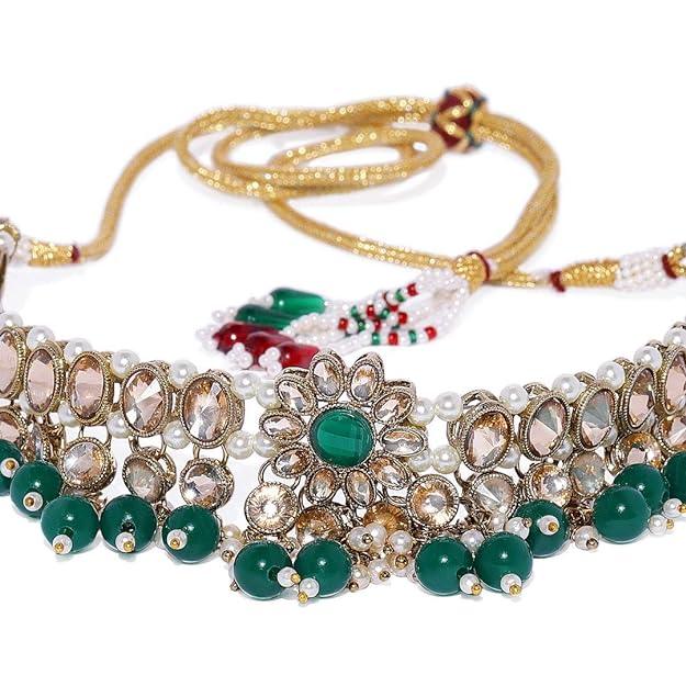 Green Gold-Plated Kundan, Pearl Emarald Embellished Jewellery Set - Trendisia