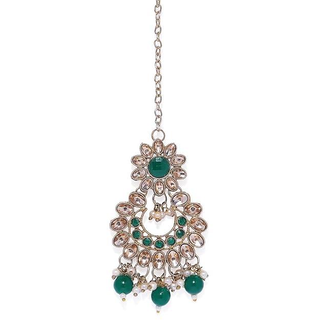 Green Gold-Plated Kundan, Pearl Emarald Embellished Jewellery Set - Trendisia