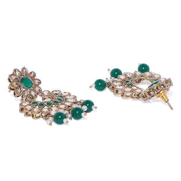 Green Gold-Plated Kundan, Pearl Emarald Embellished Jewellery Set - Trendisia