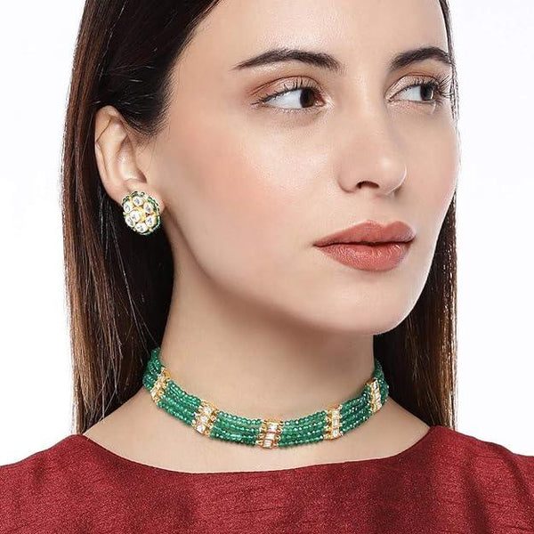 Green Kundan Studded Emrald Jadau Choker Set - Trendisia