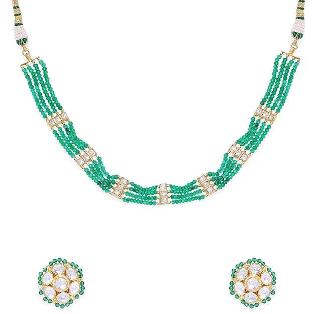 Green Kundan Studded Emrald Jadau Choker Set - Trendisia