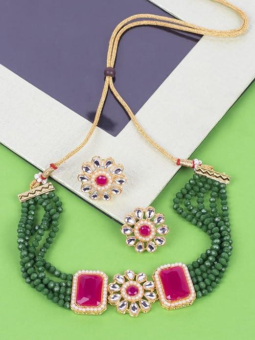 Green Pink Gold-Plated Kundan Jewellery Set - Trendisia