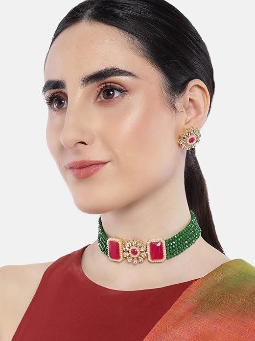 Green Pink Gold-Plated Kundan Jewellery Set - Trendisia