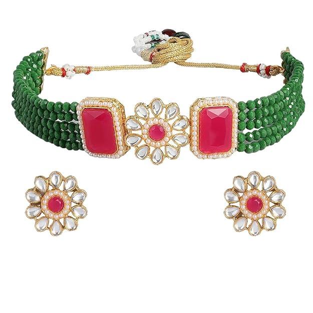 Green Pink Gold-Plated Kundan Jewellery Set - Trendisia