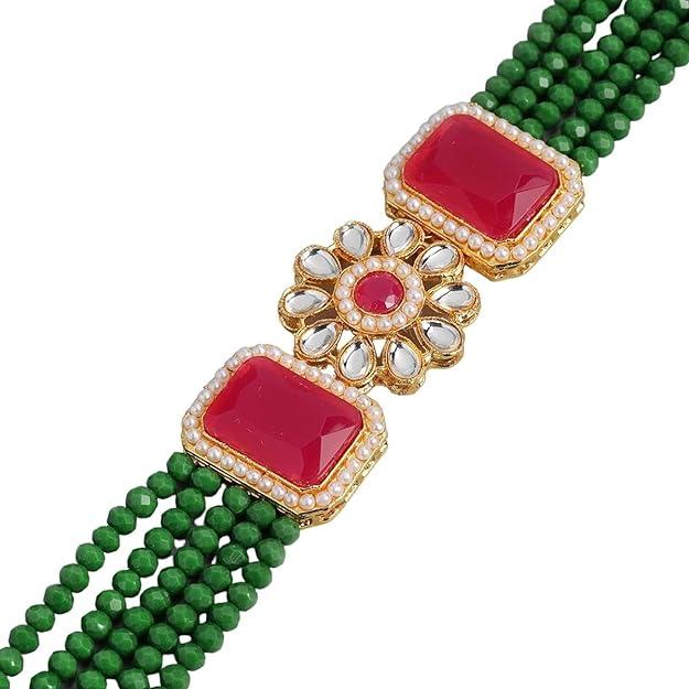 Green Pink Gold-Plated Kundan Jewellery Set - Trendisia