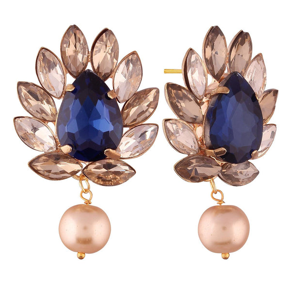 Indo Wester Style Inspired Sapphire and Rhinestones Embedded Dangle Drop Earrings with Pearl Drops and Push Back Closure for Women and Girls Pack of 1 Pair - Trendisia