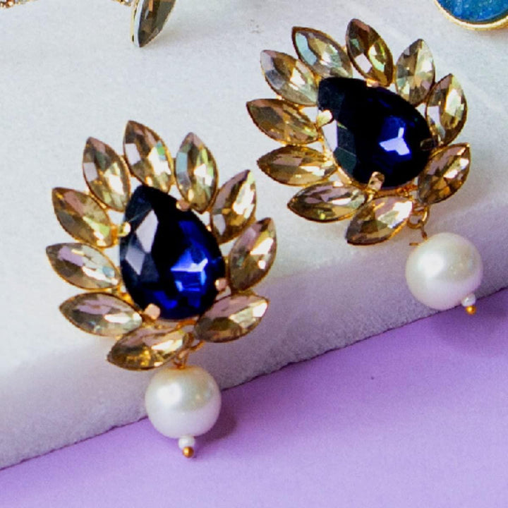 Indo Wester Style Inspired Sapphire and Rhinestones Embedded Dangle Drop Earrings with Pearl Drops and Push Back Closure for Women and Girls Pack of 1 Pair - Trendisia