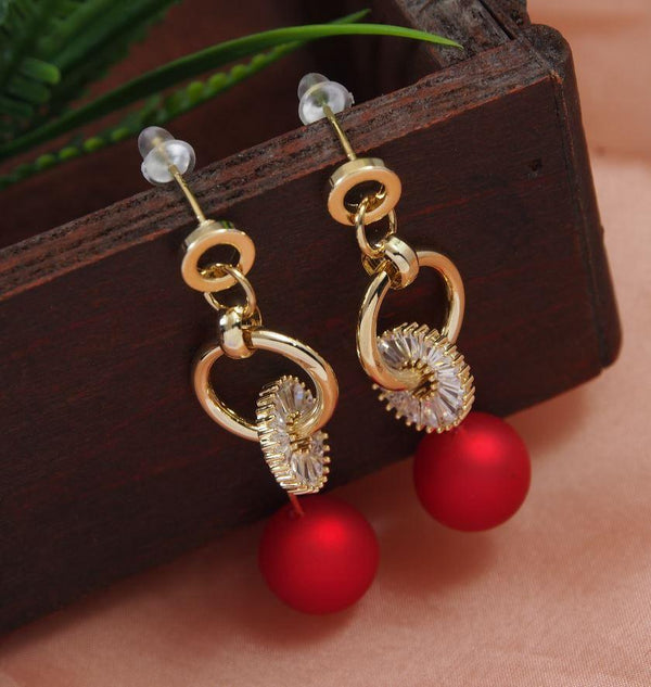 Korean Gold Plated Red Pearl CZ Dangle Earring-KRNER 3177 - Trendisia