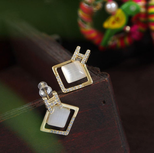 Korean Gold Plated Square Shaped Opal Letter 'H' Drop Earring- KRNER 2942 - Trendisia