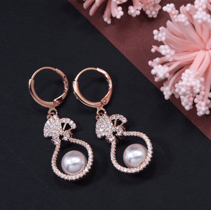 Korean Gold/Rosegold/Silver Plated Flower Pot Design White Pearl Fancy Drop Earring- KRNER 3644 - Trendisia