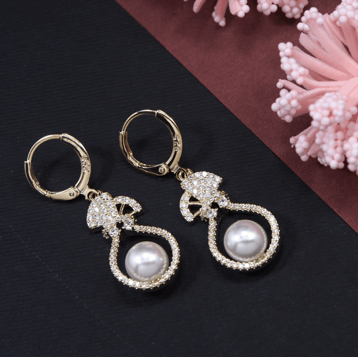 Korean Gold/Rosegold/Silver Plated Flower Pot Design White Pearl Fancy Drop Earring- KRNER 3644 - Trendisia