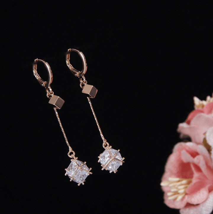 Korean Gold/Silver/Rosegold Plated Cube Crystal CZ Long Dangle Earring-KRNER 3668 - Trendisia