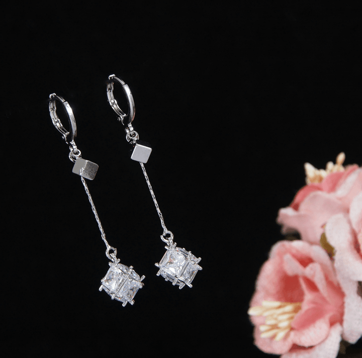 Korean Gold/Silver/Rosegold Plated Cube Crystal CZ Long Dangle Earring-KRNER 3668 - Trendisia