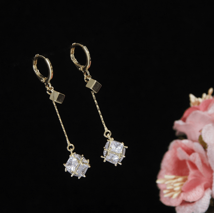 Korean Gold/Silver/Rosegold Plated Cube Crystal CZ Long Dangle Earring-KRNER 3668 - Trendisia