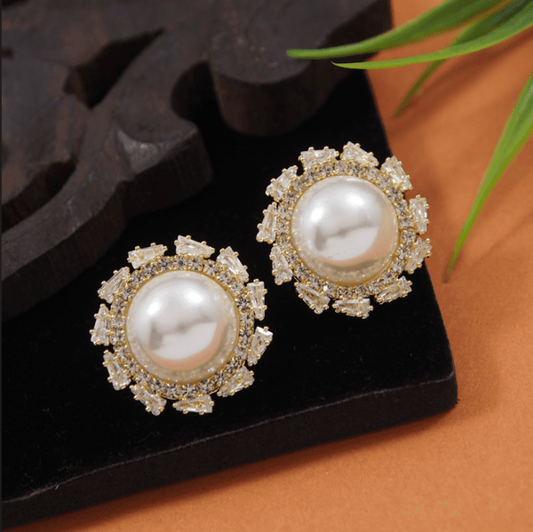 Korean Gold/Silver/Rosegold Plated CZ Baguatte Pearl Stud Earring- KRNER 3684 - Trendisia