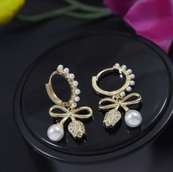 Korean Gold/Silver/Rosegold Plated Pearl Bowknot Hoops Earring- KRNER 3683 - Trendisia