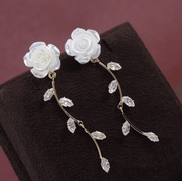 Korean Gold/Silver/Rosegold Plated White Shell Rose CZ Leaves Dangle Earring- KRNER 3691 - Trendisia