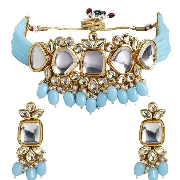 Kundan and Blue Beads Choker Set - Trendisia