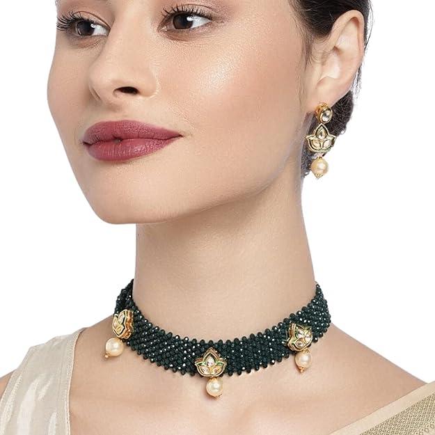 Kundan and Green Beads Choker Set - Trendisia