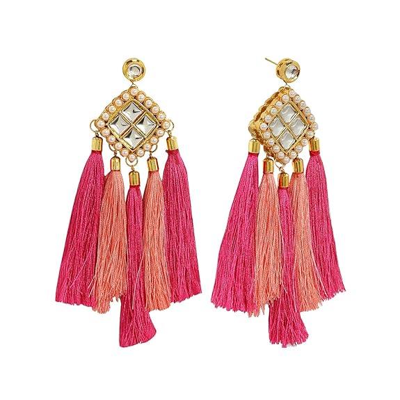 Kundan and Tassle Dangle Pink Earrings for Women - Trendisia
