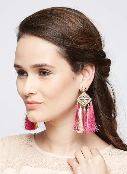 Kundan and Tassle Dangle Pink Earrings for Women - Trendisia