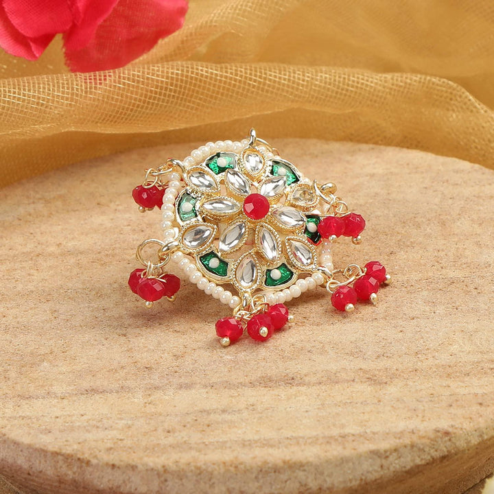 Kundan-Studded Pearl Finger Ring White Red - Trendisia