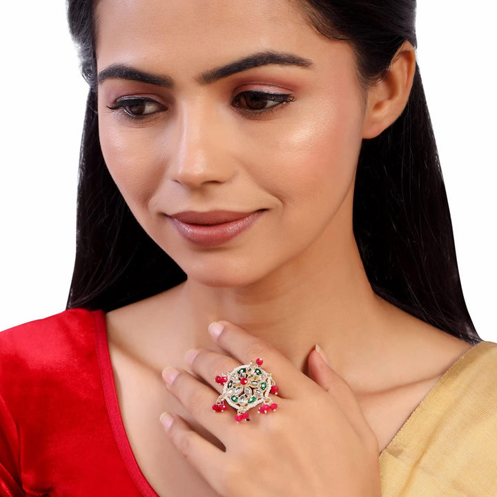 Kundan-Studded Pearl Finger Ring White Red - Trendisia