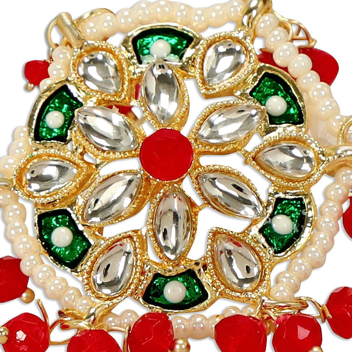 Kundan-Studded Pearl Finger Ring White Red - Trendisia