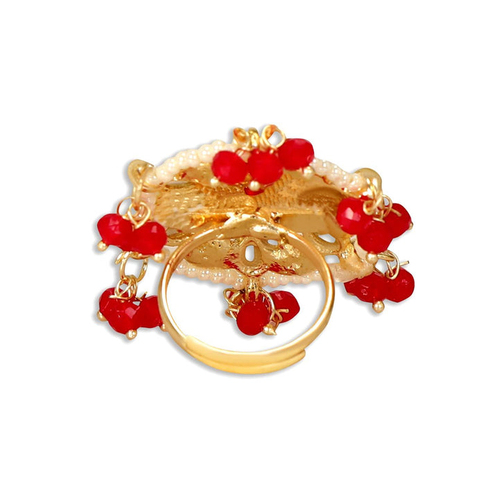 Kundan-Studded Pearl Finger Ring White Red - Trendisia