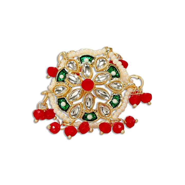 Kundan-Studded Pearl Finger Ring White Red - Trendisia