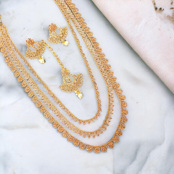 Layered Necklace Set with Earrings & Maang Tika - Trendisia