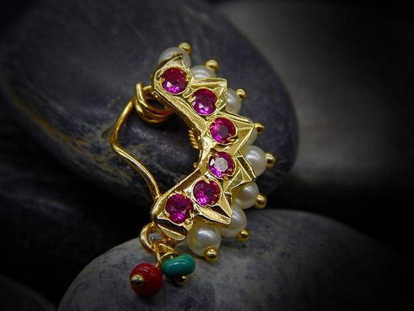 Maharashtrian Traditional Gold-Plated Nose Pin with Pearl and Stone Accents - Trendisia