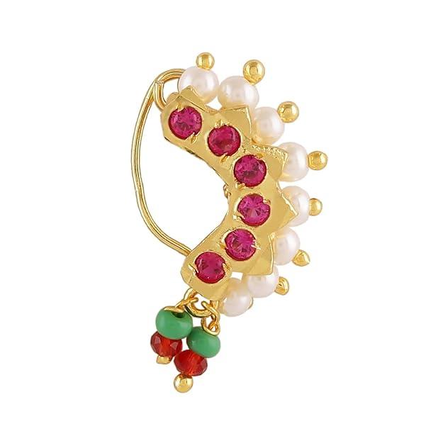 Maharashtrian Traditional Gold-Plated Nose Pin with Pearl and Stone Accents - Trendisia