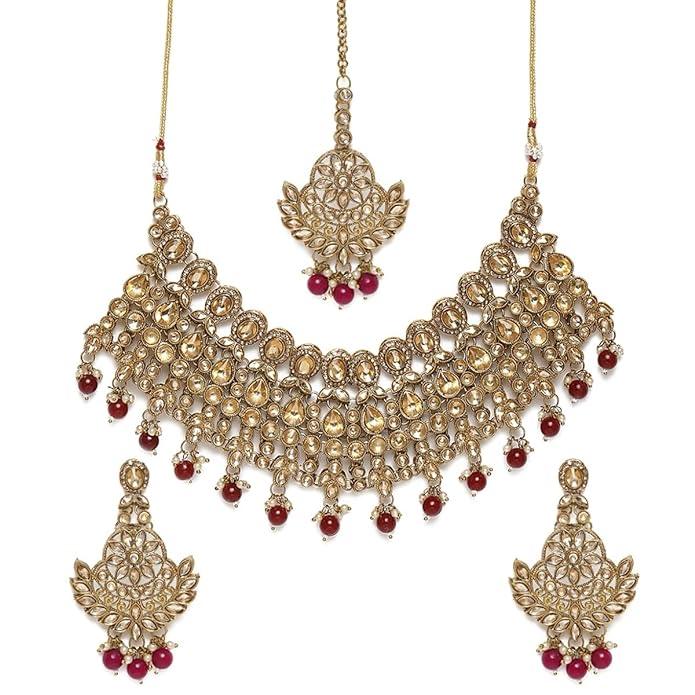 Maroon Gold-Plated AD Studded Jewellery Set - Trendisia