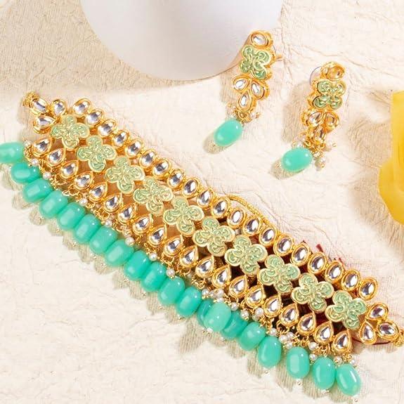 Mint Green Kundan Beaded Jewelry Set - Trendisia