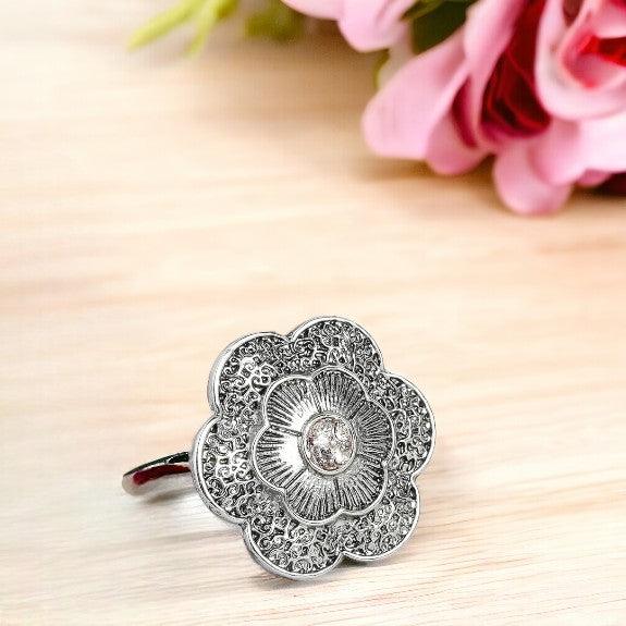 Oxidised Silver-Plated Floral Finger Ring - Trendisia